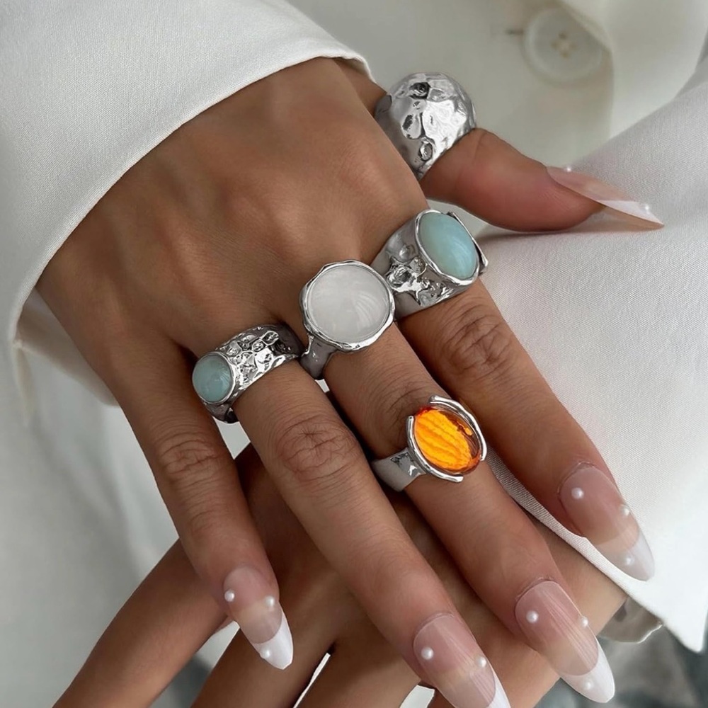 Anthropologie Silver Ring Set with Orange, White, and Mint Stones